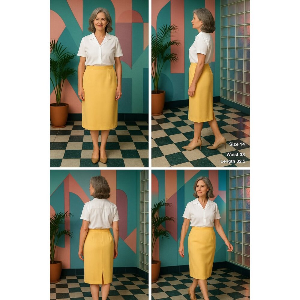 Vintage 80s 90s Jessica Taylor Yellow Midi Pencil Skirt Sz 14 Polyester